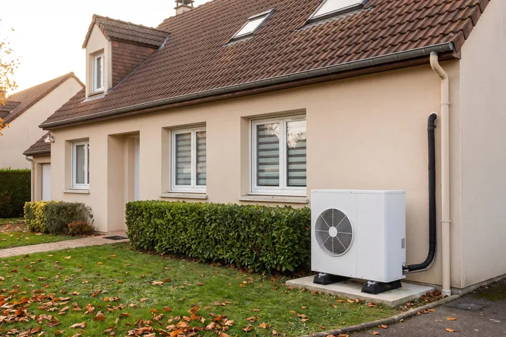 Illustration : pompe à chaleur air/eau installée à l'extérieur d'une maison individuelle